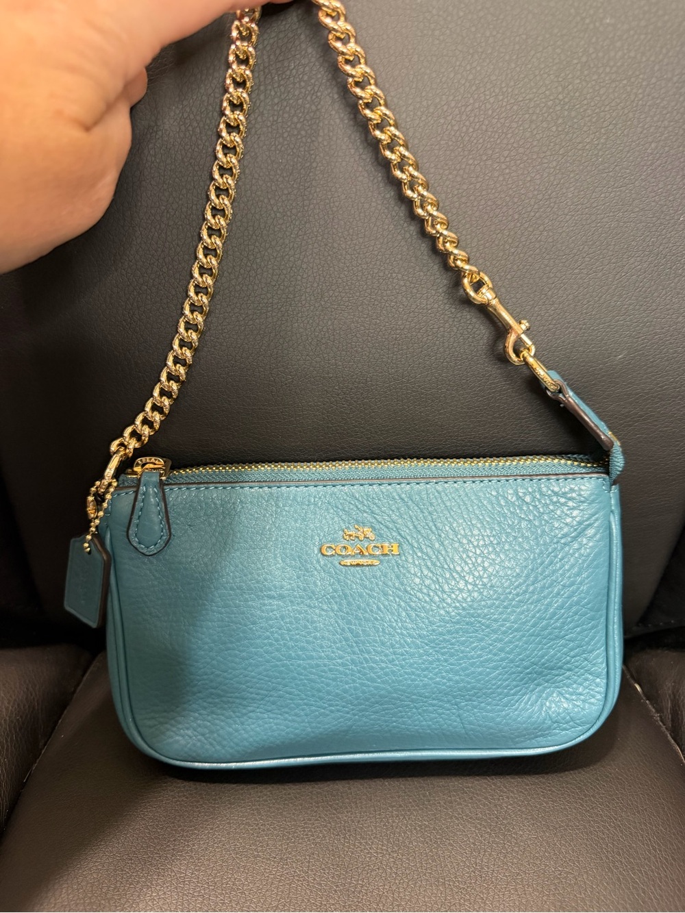 Coach Nolita Pebbled Leather Mini Bag in Teal with Gold Chain